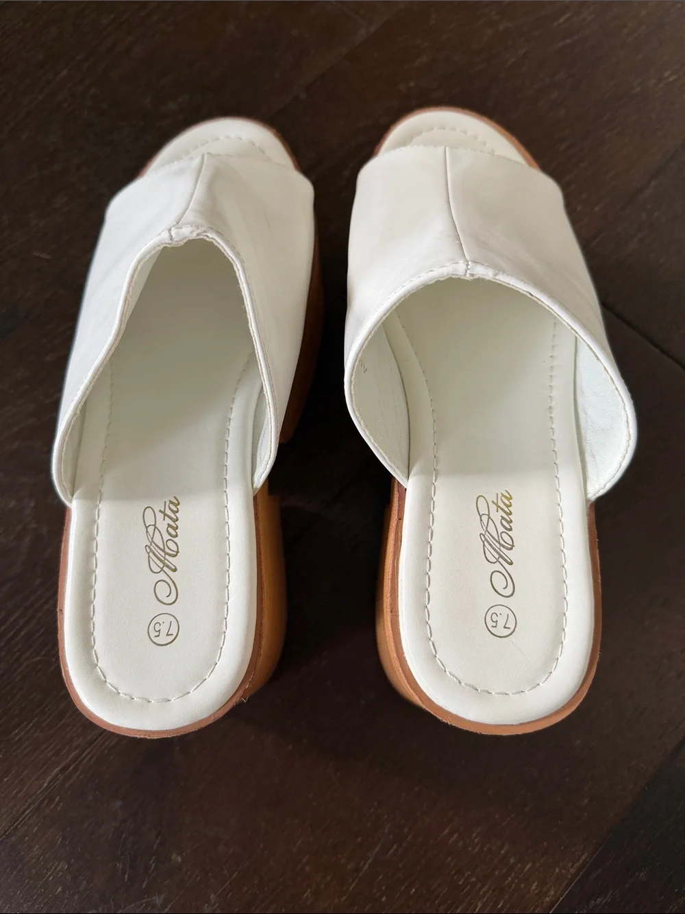 ACata White Platform Slide Sandals with Wood-Effect Wedge Size 7.5